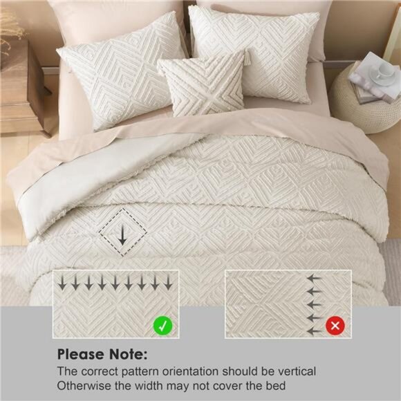 King Size Comforter Set Beige, 3 Pieces Cream Tufted Boho Farmhouse - Picture 4 of 8